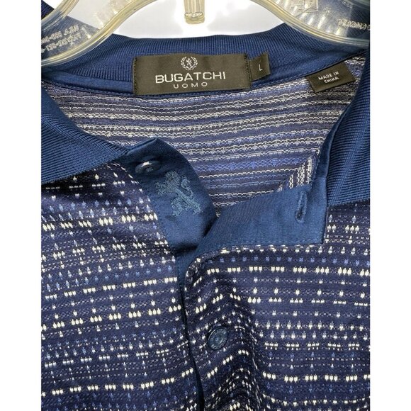 Bugatchi Men's L Blue Textured Geometric Mercerized Cotton Knit SS Polo Shirt - Picture 2 of 6